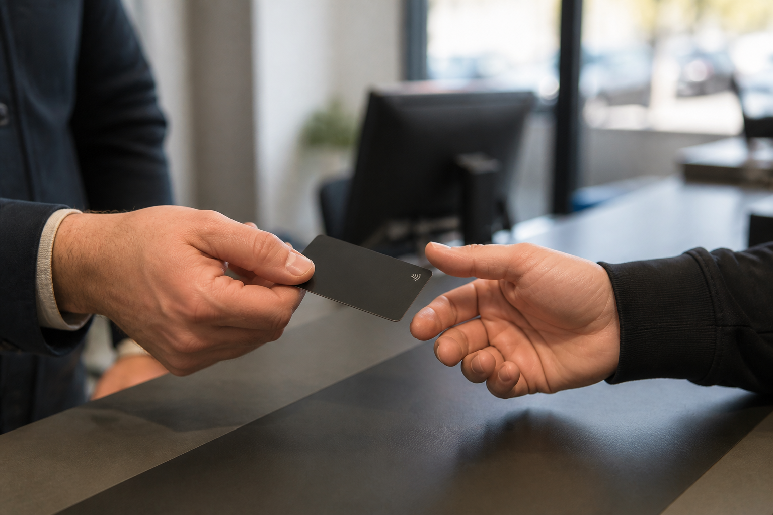 Editorial concept of a matte black Smart Business Card being handed to another person