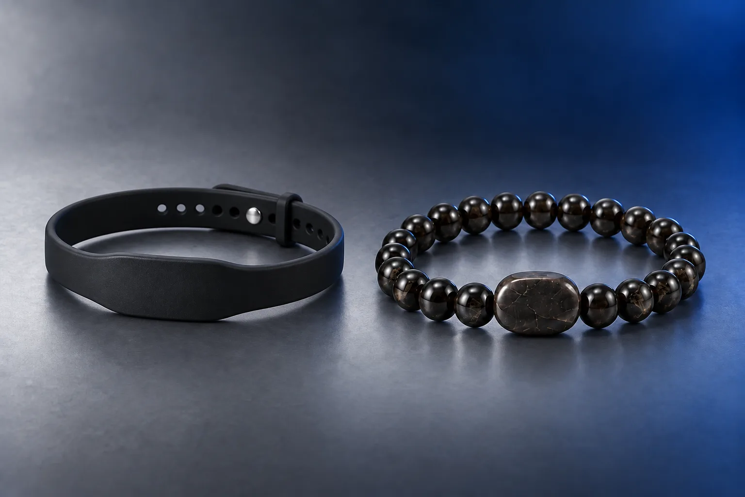 Product visualization: a slim adjustable black silicone NFC bracelet with fastening holes on the left and the Coconut stone-bead concept with a larger central stone on the right.